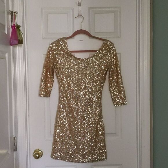Banana USA gold sequin fitted swift Swifty Y2K dress Sz S - Picture 1 of 5